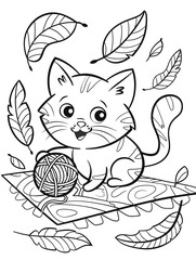 Coloring for children. A cheerful kitten plays with a ball of thread. Leaves are swirling around the kitten.