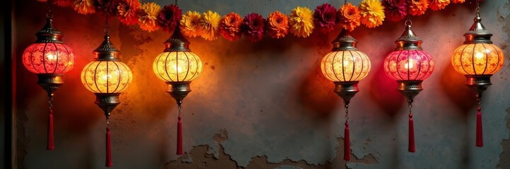 Intricately crafted lanterns adorned with vibrant marigold garlands on a textured wall, lantern, hanging