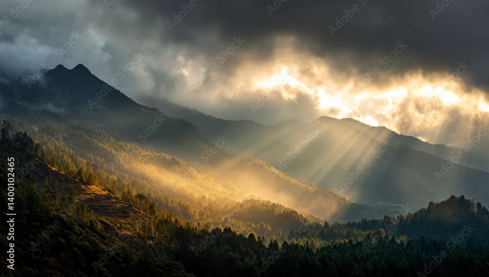 Poster sun rays shining through clouds over mountain range and forest