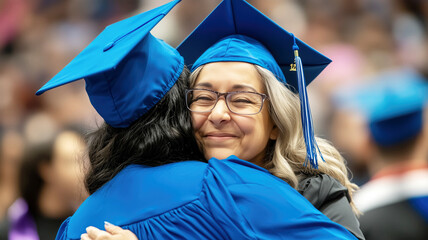 Joyful graduation hug between two female graduates in blue caps and gowns