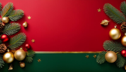 Elegant minimalist Christmas background, rich red, forest green and gold with copy space area