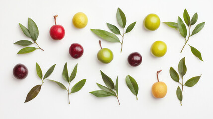 A vibrant flat lay showcasing assorted plums of varying colors and sizes artfully arranged with lush green leaves on a clean white background.