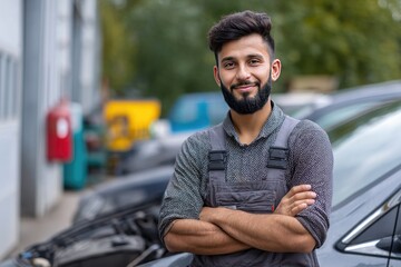 A Handsome young man professional mechanic in overalls stands with arms crossed against the background of an open car hood, smiling at the camera and looking into it