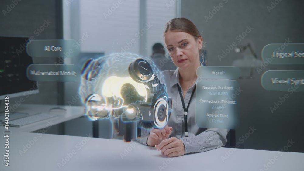 Fototapete female engineer uses advanced augmented reality to visualize 3d holographic model of cybernetic brai