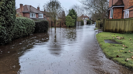 Residential street flooding in suburban neighborhood after heavy rain