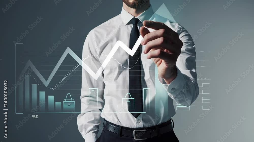 Poster Business professional analyzing financial data, manipulating virtual graph with confident gestures, visualizing strategic market growth and innovative business performance