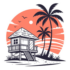 Fototapeta premium Beach Hut Vector Illustration Featuring Sunset and Palm Tree Scene