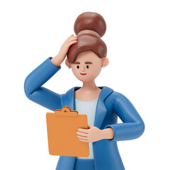 A woman holds a clipboard and scratches his head, symbolizing evaluation or decision-making. 3D rendering, conceptual image. Isolated on white background.