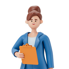 A woman holds a folder, symbolizing organization or work readiness. 3D rendering, conceptual image. Isolated on white background.