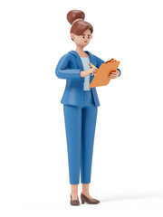 A woman reviews a folder, symbolizing assessment or review of work. 3D rendering, conceptual image. Isolated on white background.