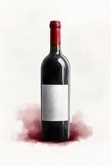 Red wine bottle with a blank label, isolated against a light background with watercolor effect.