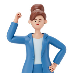 A woman with a raised fist, symbolizing determination or victory. 3D rendering, conceptual image. Isolated on white background.