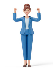 A woman raises both fists, symbolizing success or celebration. 3D rendering, conceptual image. Isolated on white background.