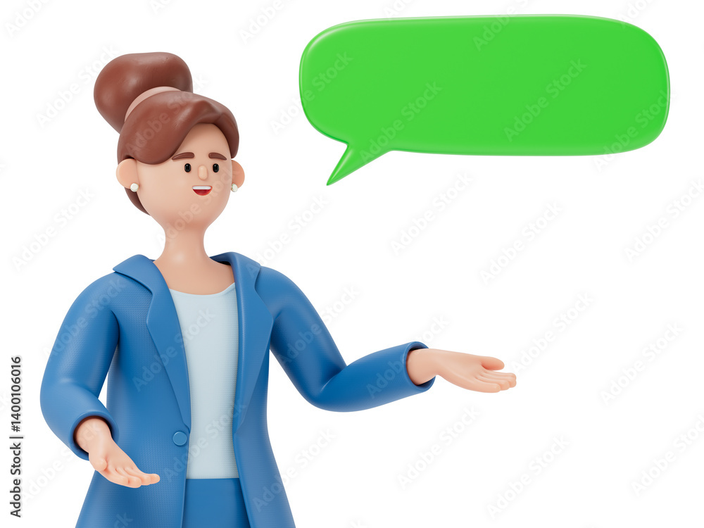 Poster a woman gestures towards a speech bubble, symbolizing communication or explanation. 3d rendering, co