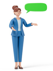 A woman gestures towards a speech bubble, symbolizing communication or explanation. 3D rendering, conceptual image. Isolated on white background.