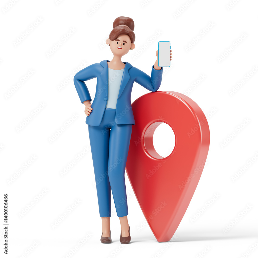 Poster a woman stands next to a large location pin while holding a smartphone, symbolizing navigation or lo