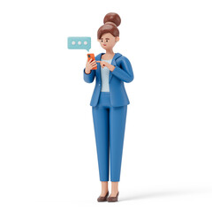 A woman looks at his phone with a speech bubble, symbolizing communication or texting. 3D rendering, conceptual image. Isolated on white background.