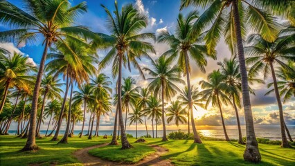 Fototapeta premium Tropical beach with coconut palm trees and ocean view