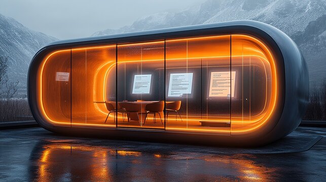Alpine Tech Pod with Acoustic-Glass Holographic Interface - Pantone  Collaborative Orange Illumination in Snowscape for Futuristic Workspace Branding and Immersive Corporate Retreats