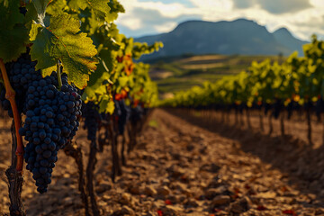 A detailed closeup of the fertile soil of a picturesque vineyard, where red grapes grow.