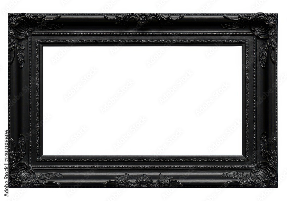 Poster a black ornate picture frame with a rectangular white space in the center on a white background