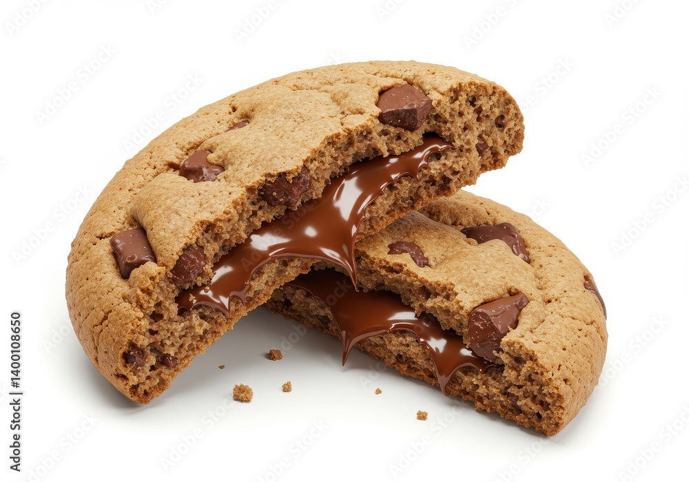 Poster a chocolate chip cookie broken in half with a gooey chocolate center on a white background close up 