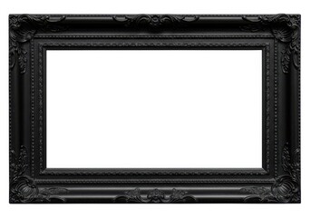 A black ornate picture frame with a rectangular white space in the center on a white background
