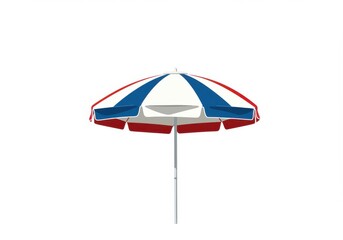 Obraz premium A red white and blue beach umbrella on a white background in a centered eye level shot view object