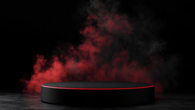 Dark, red-lit circular platform on a dark concrete floor, with smoky effect