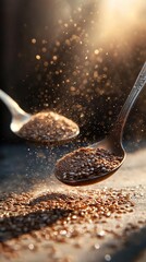 Seeds in Spoons: Nutrient-rich seeds glistening on spoons, golden light enhancing their natural appeal.