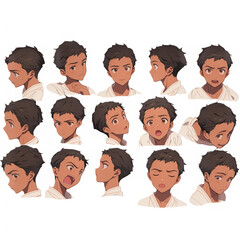 Anime boy character study sheet with multiple expressions and angles