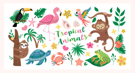 Tropical animals clipart set with cute monkey, sloth, turtle, toucan, flamingo, parrot, frog, crab and tropical plants in hand drawn flat style vector illustration