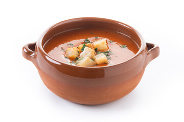 Traditional Spanish Gazpacho soup in bowl isolated on white background