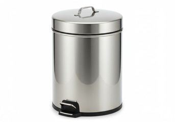 A stainless steel trash can with a lid and foot pedal on a white background in a studio environment