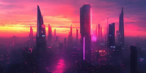Obraz premium Futuristic City Skyline Where Neon Lights Reflect on Water Wallpaper Background