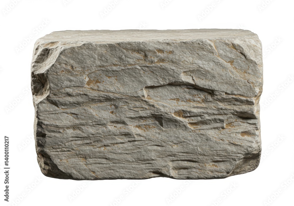 Poster a close up shot of a rectangular rock formation with visible layers and a rough texture on white bac