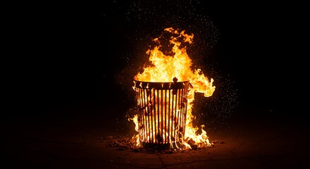 Trash Can on Fire Burning with Bright Flames at Night