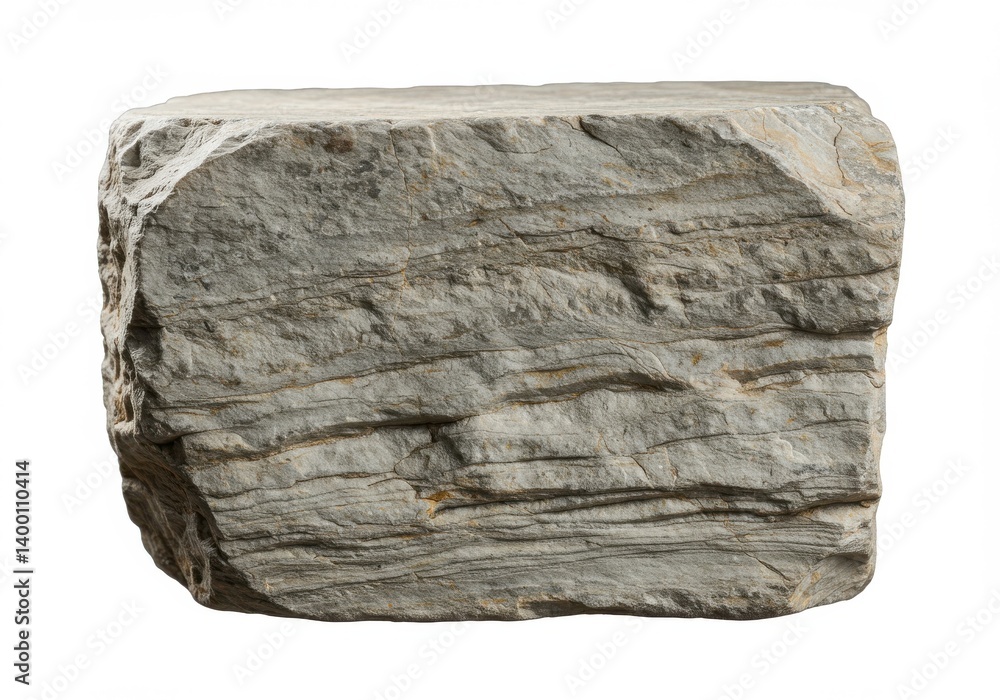 Poster a sedimentary rock block with visible layered strata on a white background in a studio shot