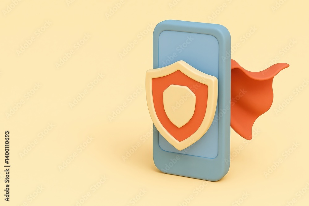 Aufkleber spam call phone security concept. mobile phone with a shield symbol and a cape, representing securit