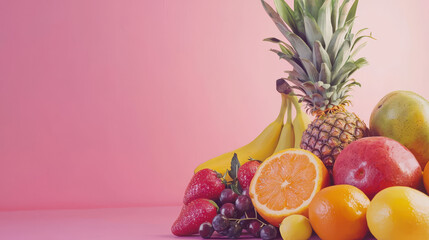 A vibrant collection of fresh tropical and summer fruits including pine, bananas, strawberries, oranges, and grapes arranged on a pink background creating a delicious and