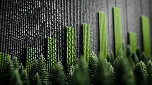 Abstract Green Data Visualization with Pine Forest, Digital Data Chart, Artificial Rendering of Growth and Data Analysis in Nature