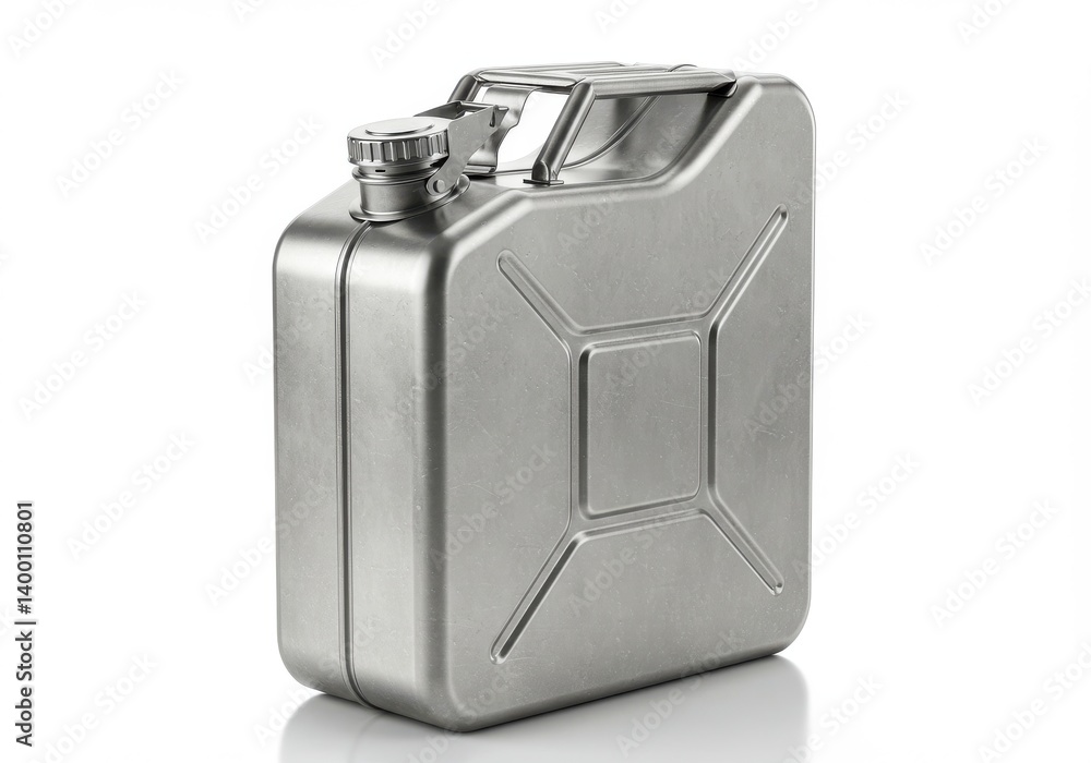 Poster a shiny metal jerrycan with a handle and cap sitting on a white surface in a studio setting