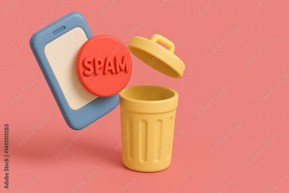 Poster spam call phone security concept. digital illustration of a phone and trash can representing spam re