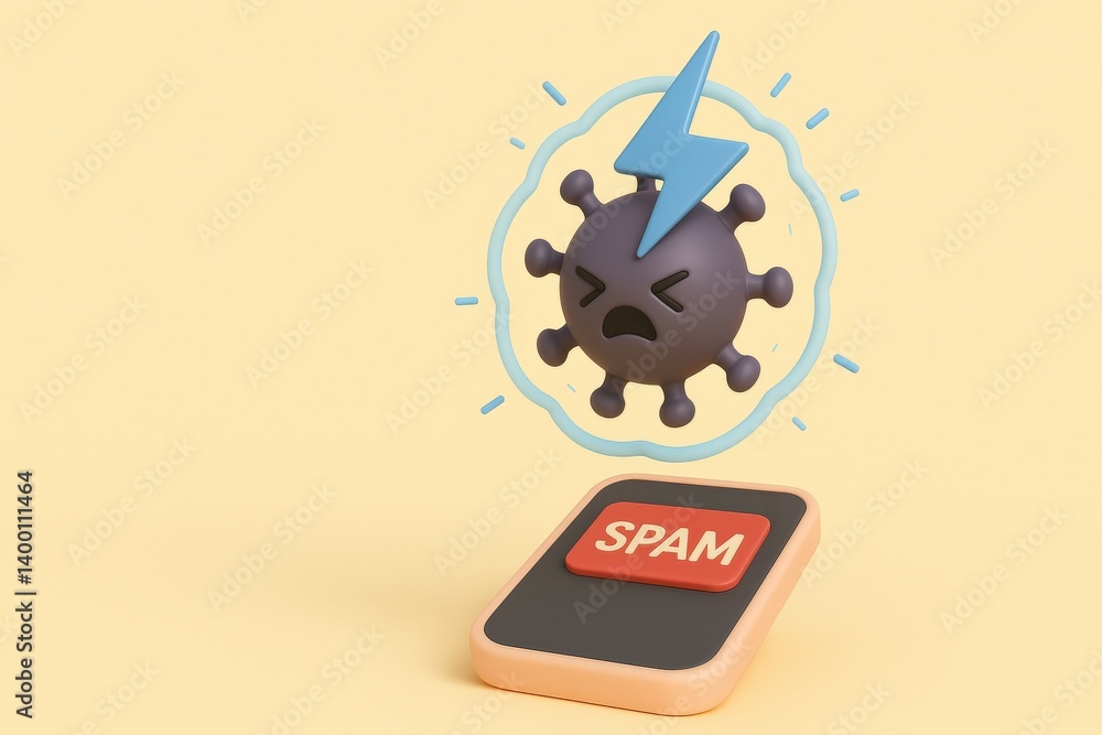 Aufkleber spam call phone security concept. 3d illustration of a virus icon with a spam button.