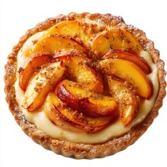 Close up of a peach tart with a custard filling isolated on white background