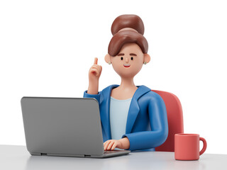 A woman at a desk with a laptop, pointing upwards, symbolizing an idea or solution. 3D rendering, conceptual image. Isolated on white background.