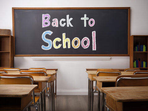 Classroom with back to school message on blackboard