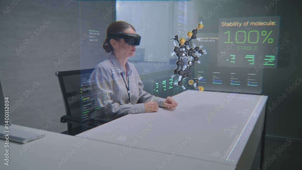Fototapete female professional uses augmented reality headset to visualize 3d hologram of molecular compounds i