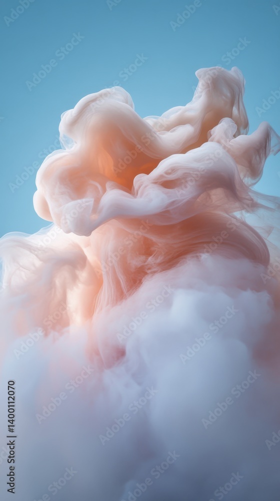 Poster ethereal peach smoke against a serene blue sky creating a dreamy abstract background with soft light
