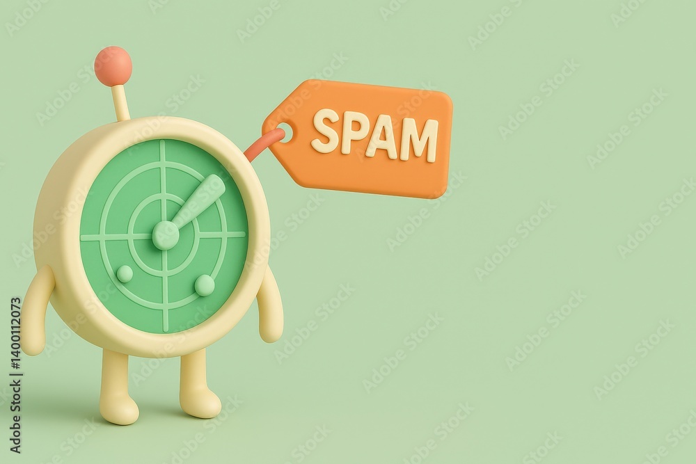 Poster spam call phone security concept. playful character with radar and 